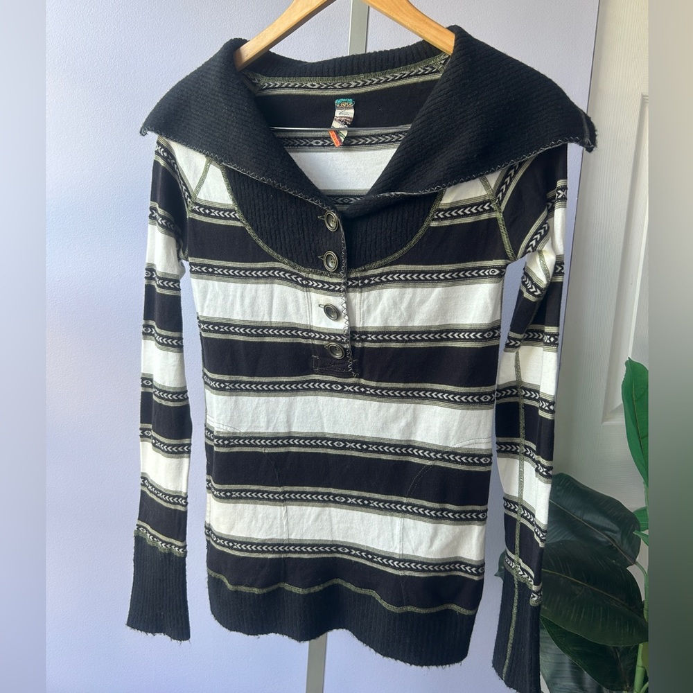 Free People Henley Knit Black White Stripe Size Small